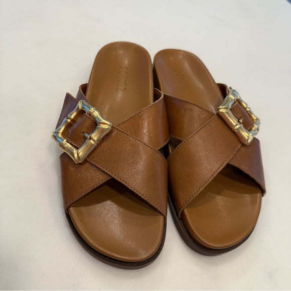 SCHUTZ Enola Crisscross Buckle CAMEL Leather Sandals Slides Women's 7 NEW! - Picture 9 of 10